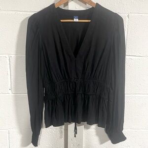 Old Navy Black Waist-Defined Smocked Tie-Front Blouse Sz Medium